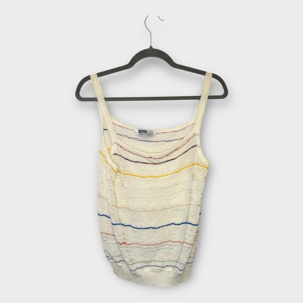 Sufer Paris Knit Stripe Tank Top Cream Rainbow Beach Vacation Size US 12 / EU44